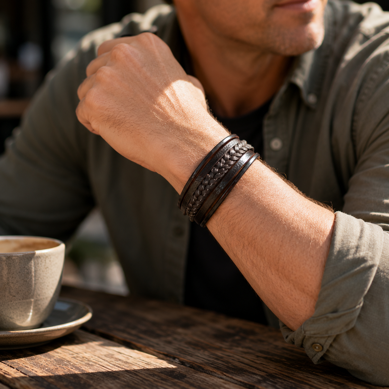 Man wearing a braided brown leather bracelet in a relaxed café setting