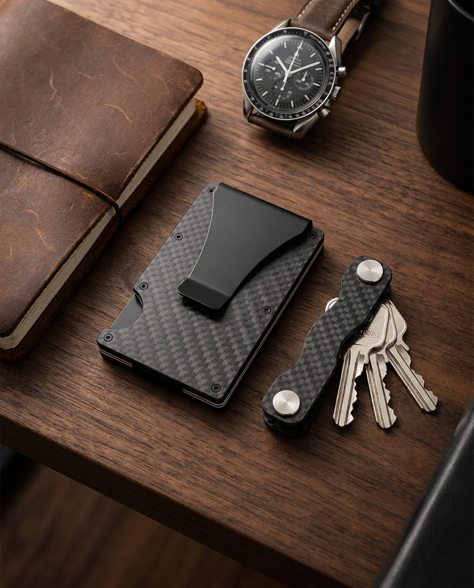 Carbon Fibre RFID Wallet and Smartkey key organiser on a desk - lifestyle gift